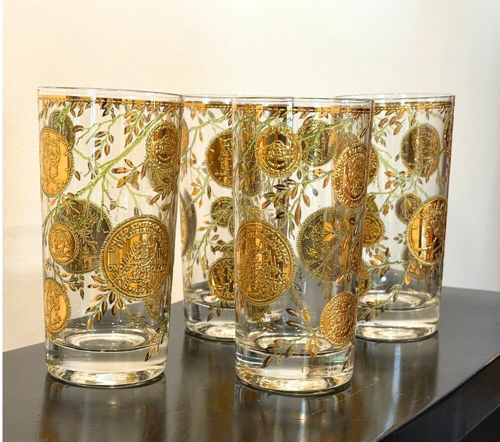 Vintage Culver Rare Midas Highball Tumbler Glass Coins and Vines MCM Set of 4